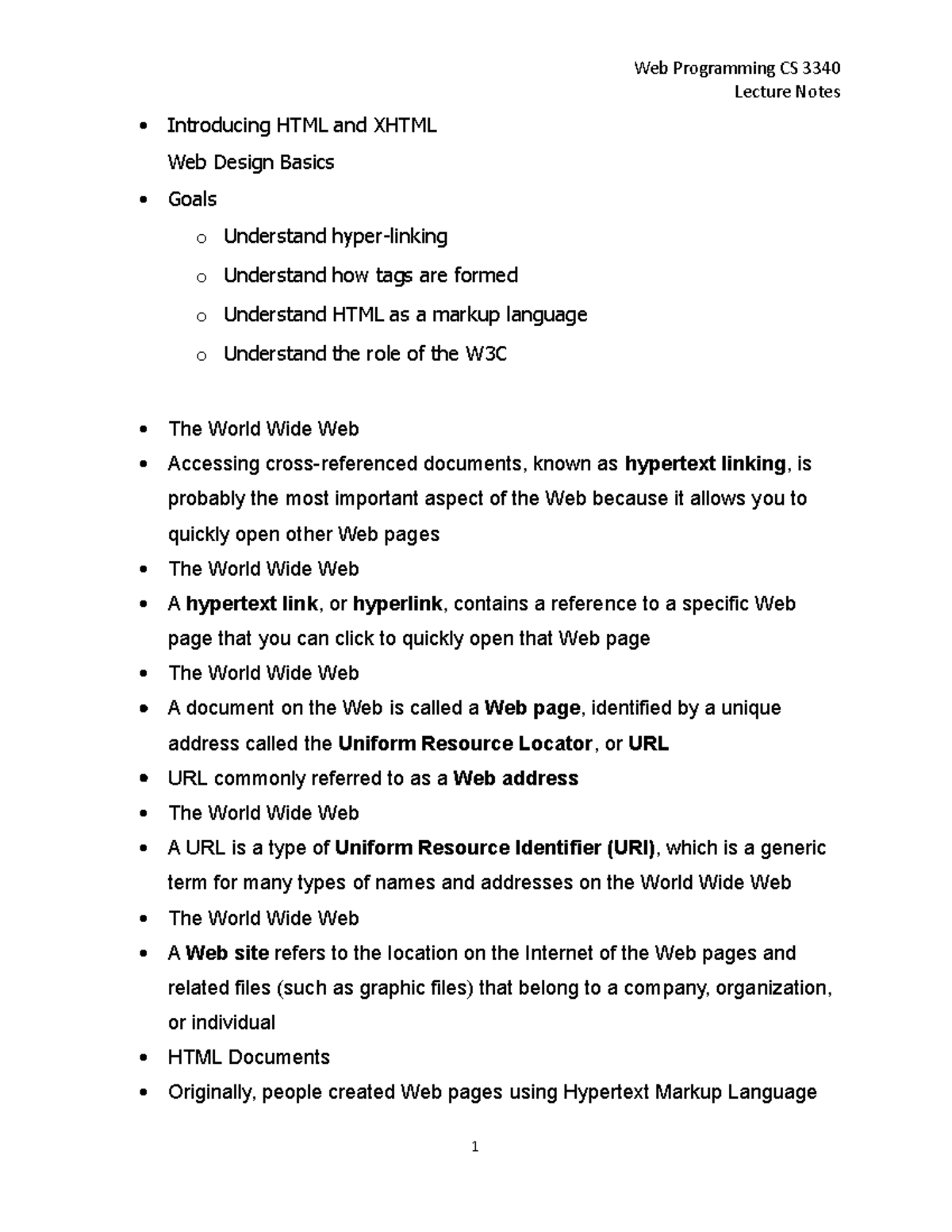 2021-Web Programming CS 3340-Lecture Notes-HTML and Xhtml - Web ...