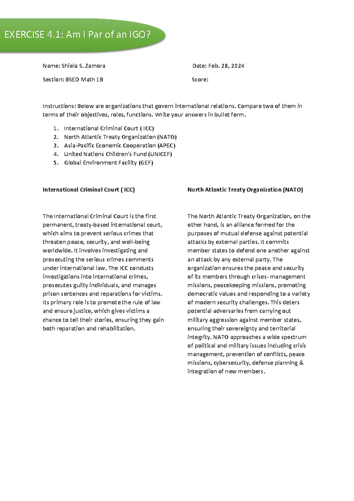 Exercise 4.1: Comparing IGO Objectives and Functions - GE3 - Studocu