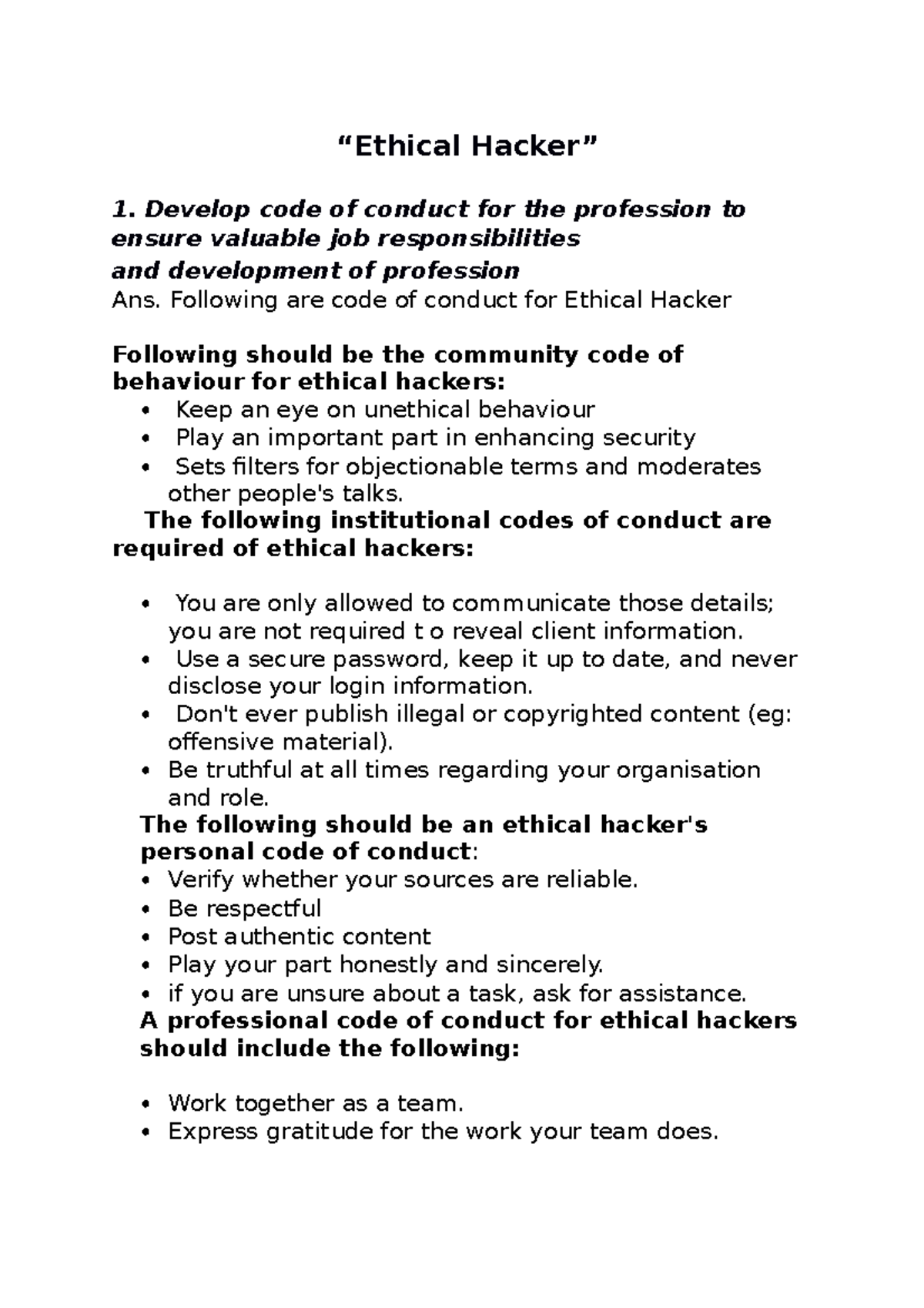 Assignment 1 7E A#1 - “Ethical Hacker” 1. Develop code of conduct for ...