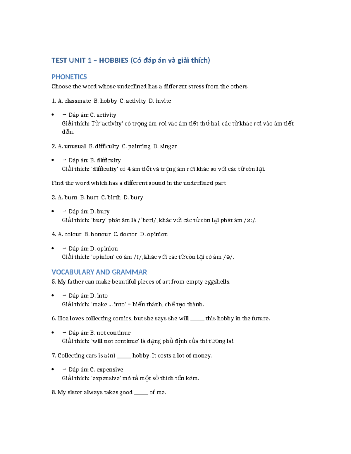Test Unit 1 – Hobbies with Answers and Explanations - Studocu