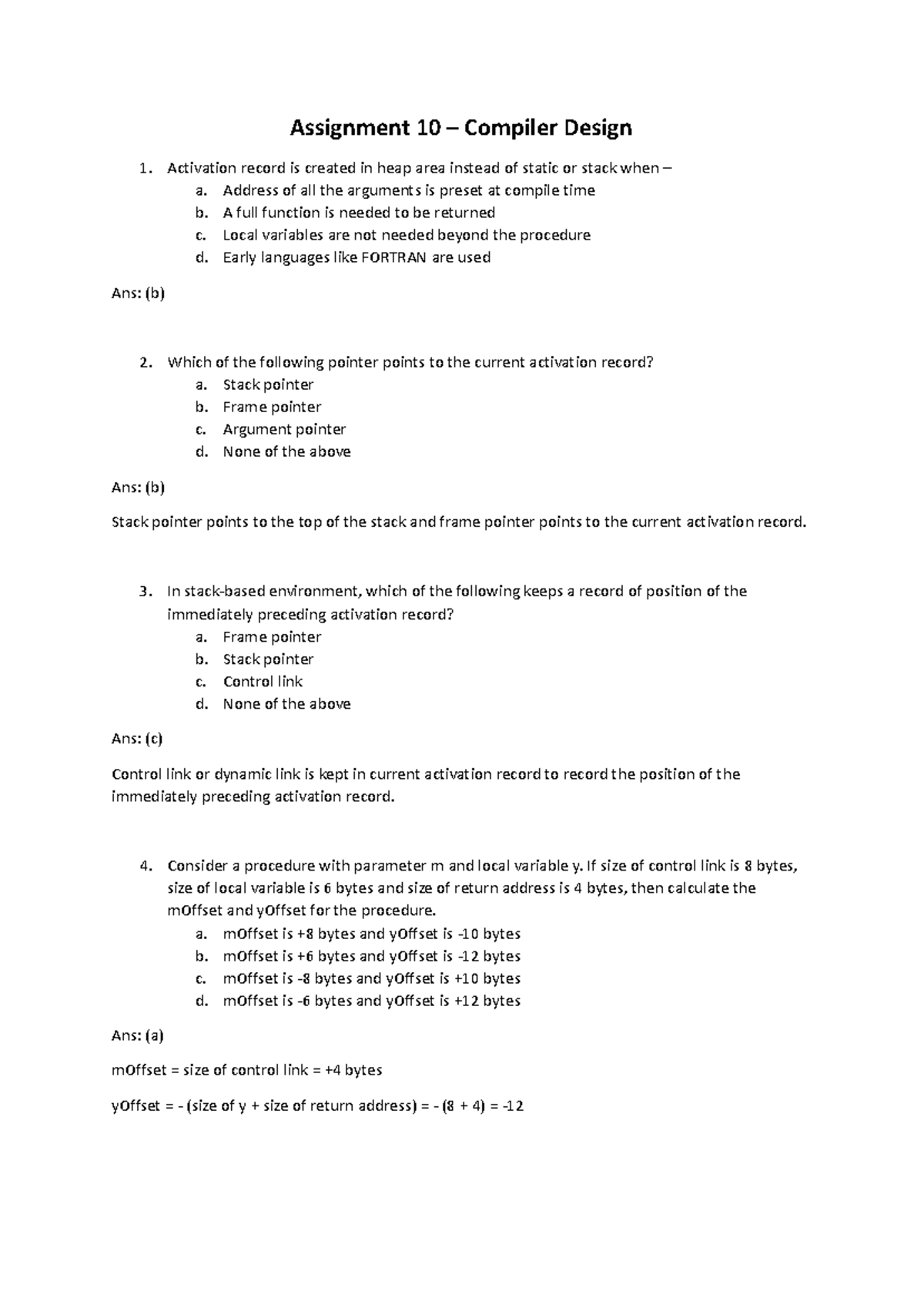 Assignment 10 - Practice Questions for Compiler Design Concepts - Studocu