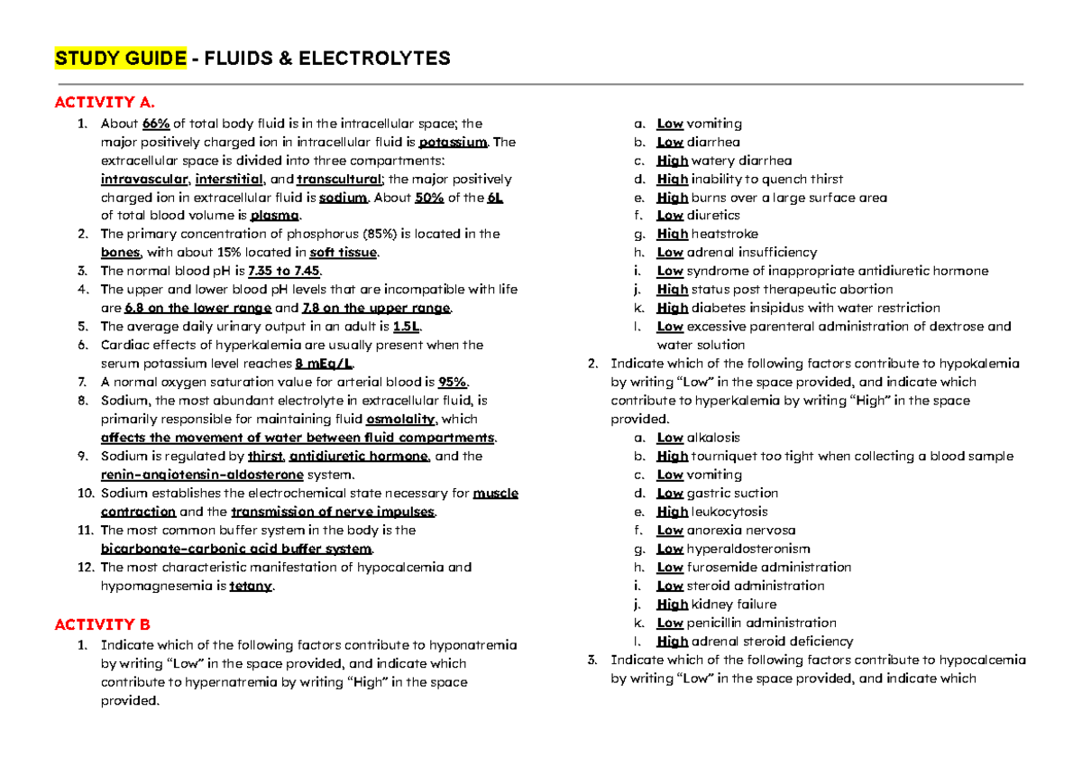 STUDY GUIDE: FLUIDS & ELECTROLYTES (MS No Ans Practice Questions) - Studocu