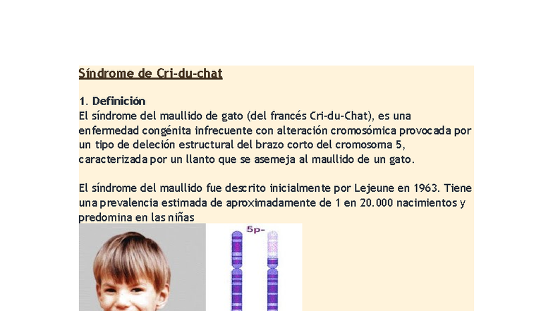 Síndrome de Cri-du-chat: Definición, Causas y Tratamiento - Studocu