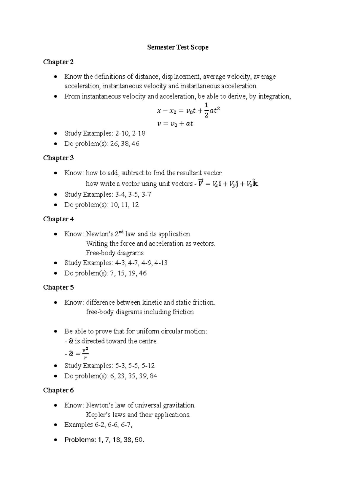 Semester Test Scope PHYS101: Key Concepts & Problem Examples - Studocu