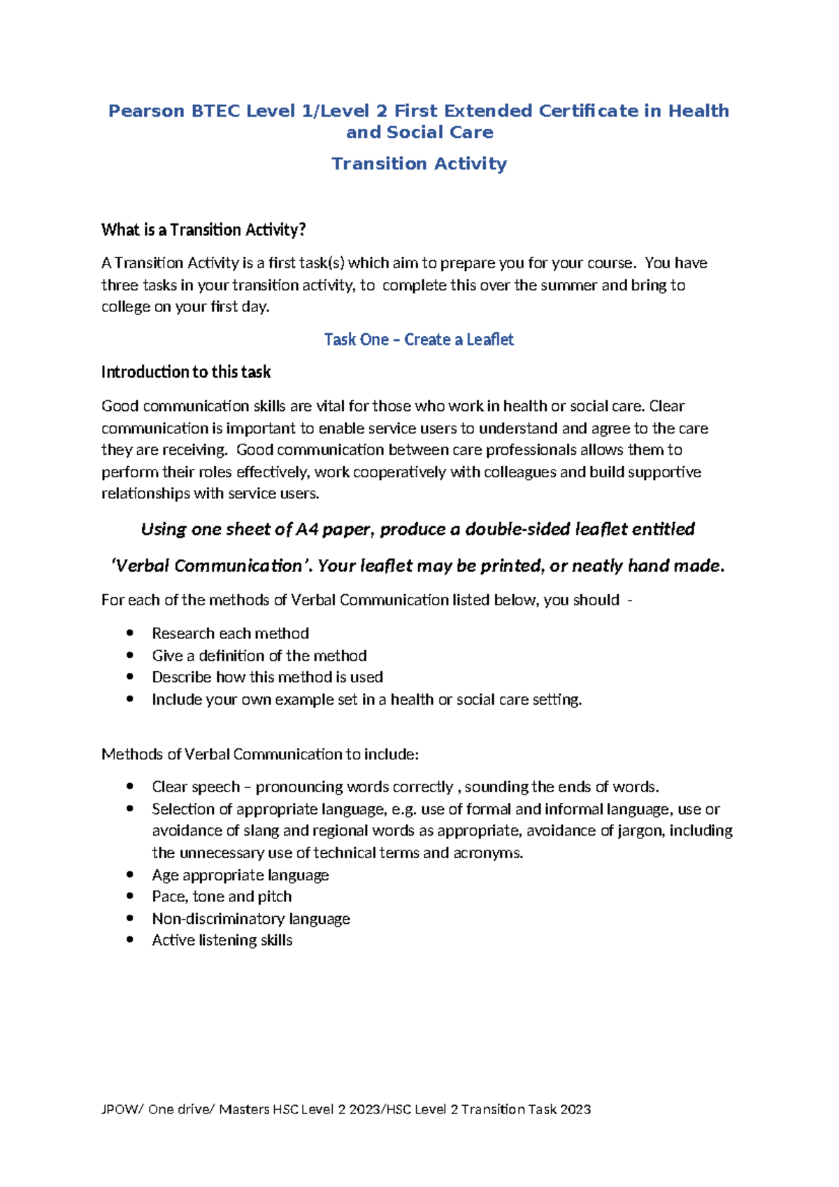 Health and Social Care Level 2 Transition Task 2024 - Pearson BTEC ...