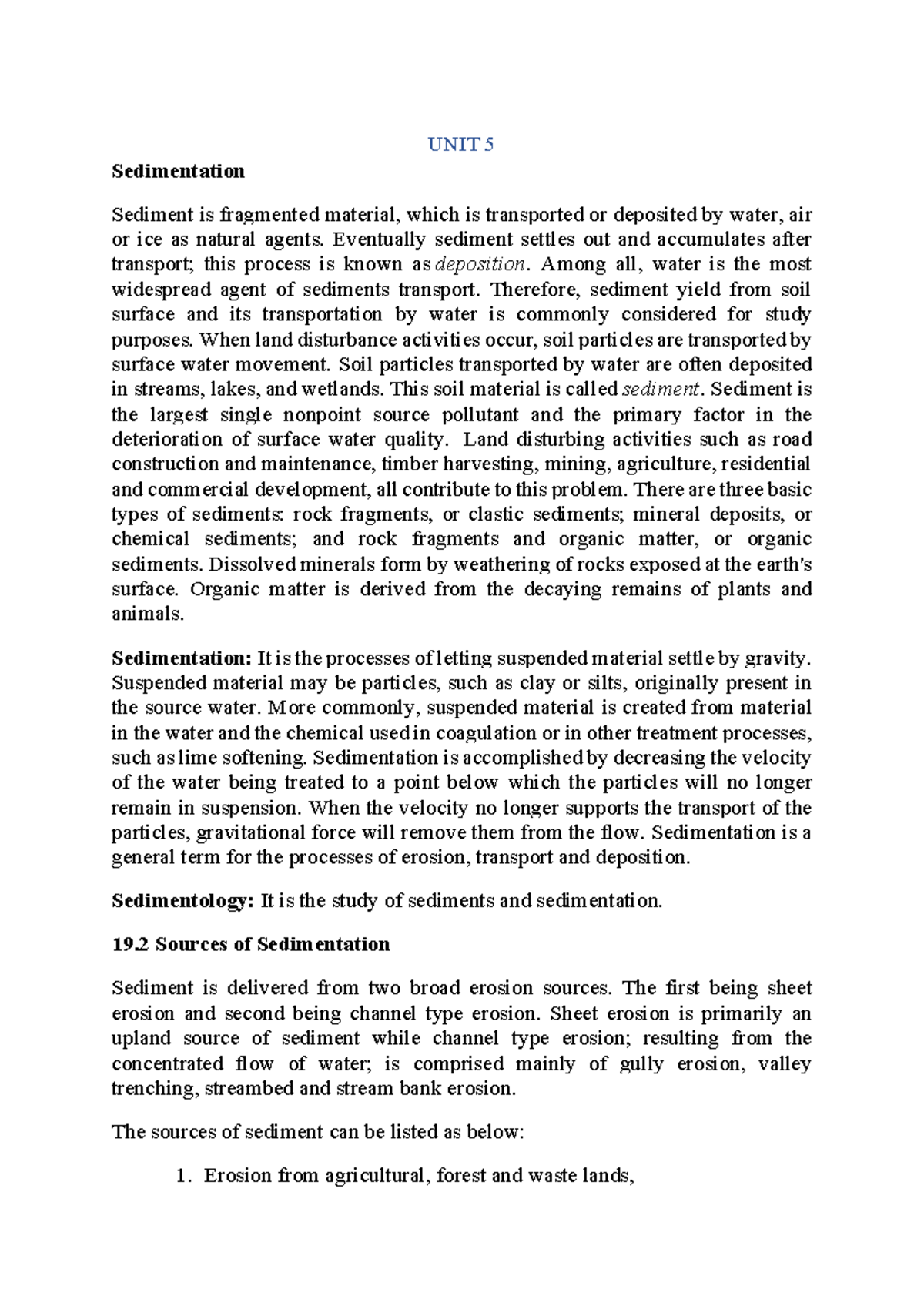 UNIT 5 SWC - Sedimentation Processes and Impacts on Water Quality - Studocu