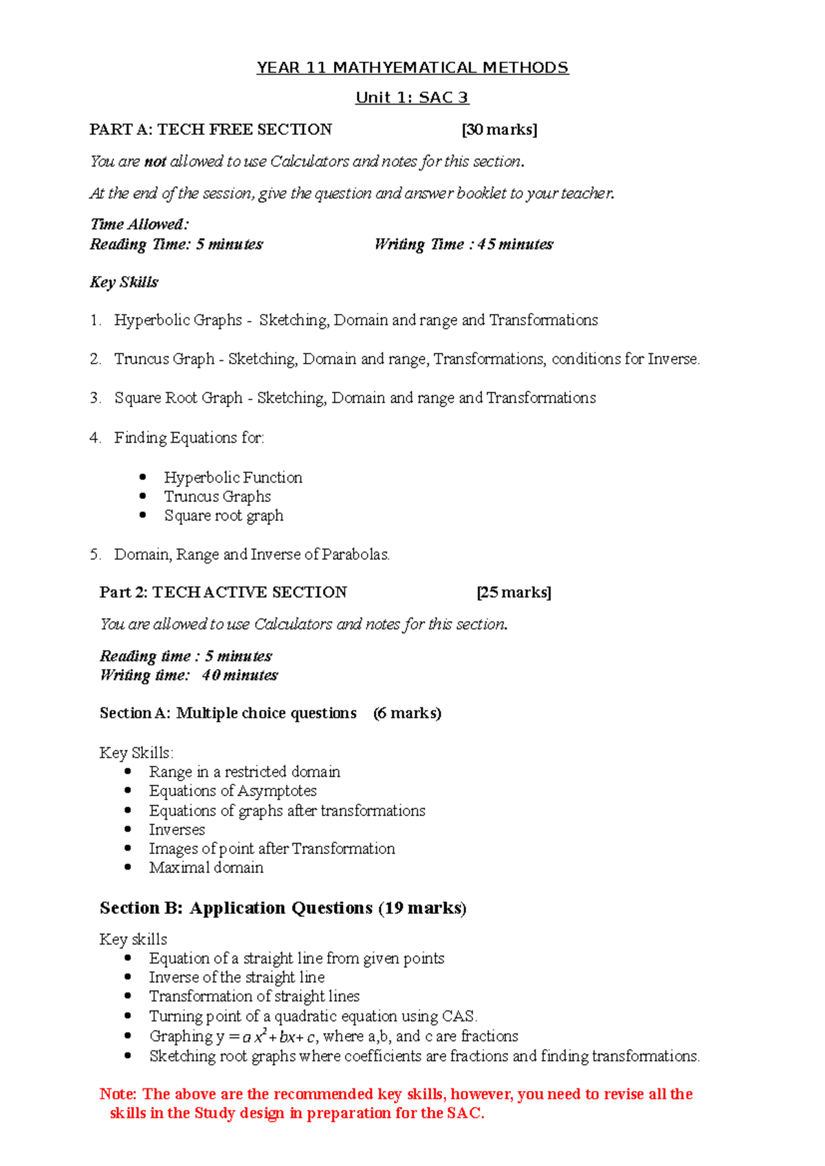 YEAR 11 MATH METHODS Unit 1: SAC 3 Skills for Tech Free & Active ...