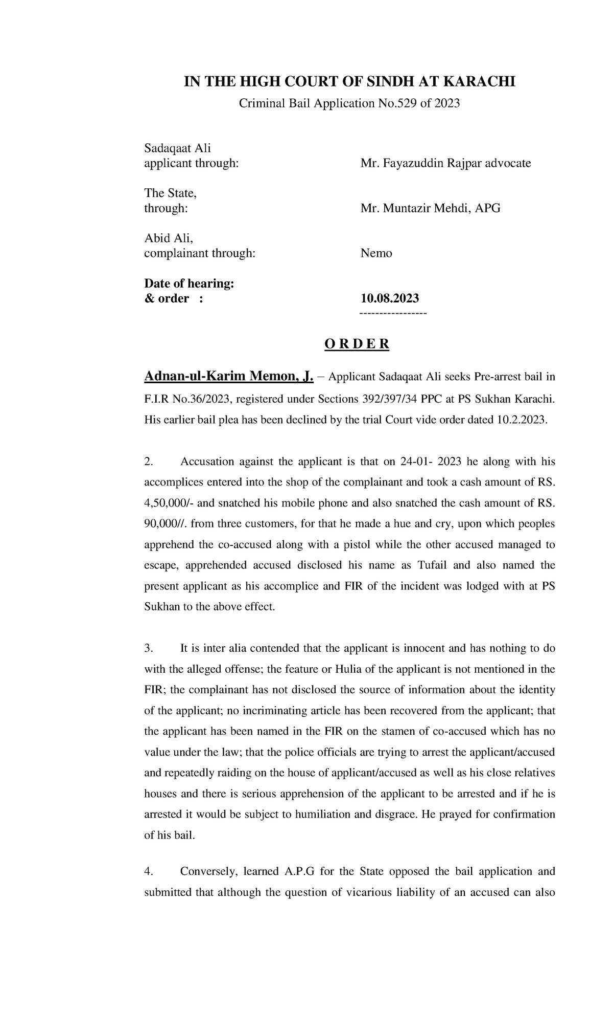 Criminal Bail Application No. 529 of 2023 - High Court Sindh Order ...