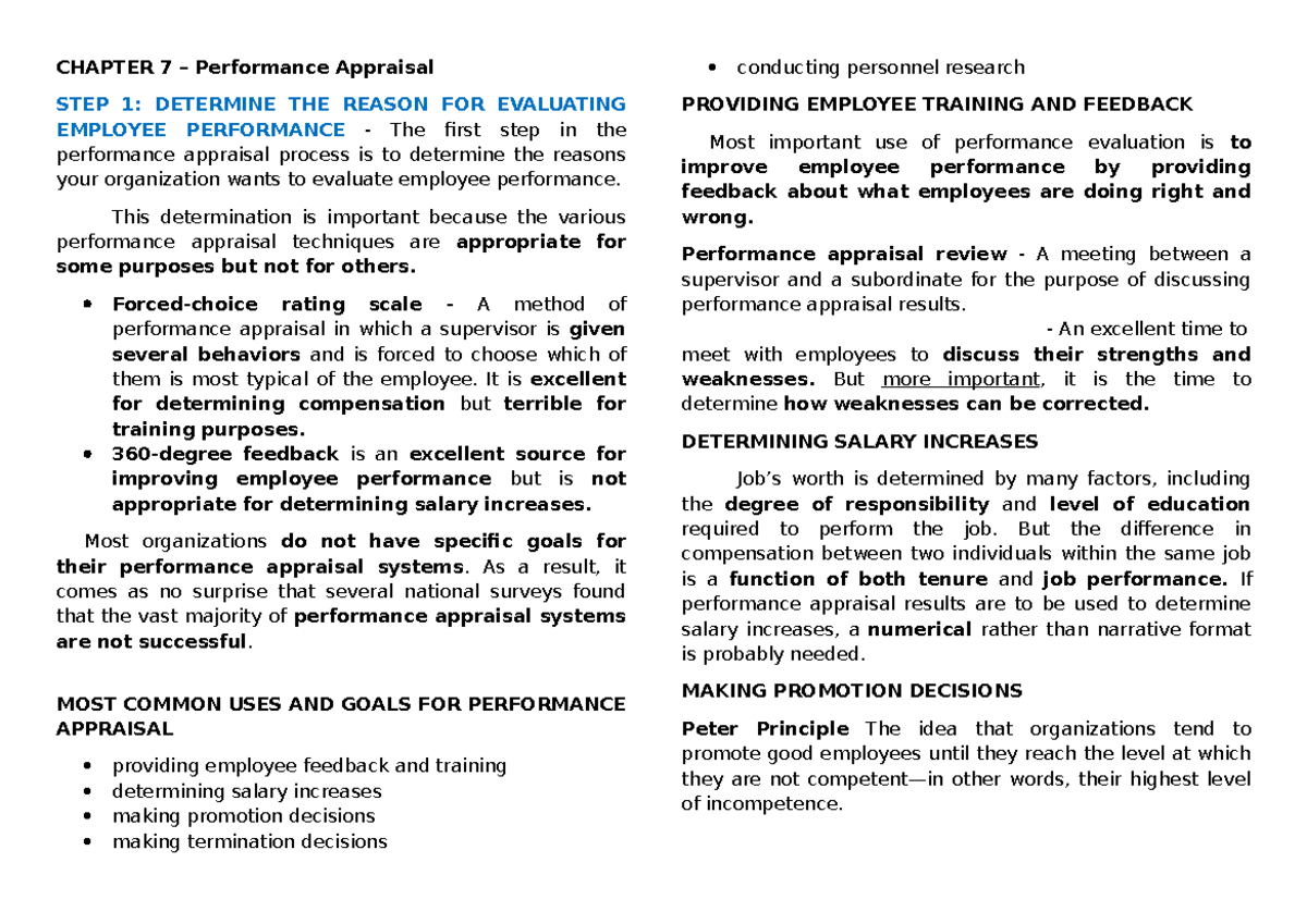 CHAPTER 7 - Performance Appraisal Methods and Goals (HRM 101) - Studocu