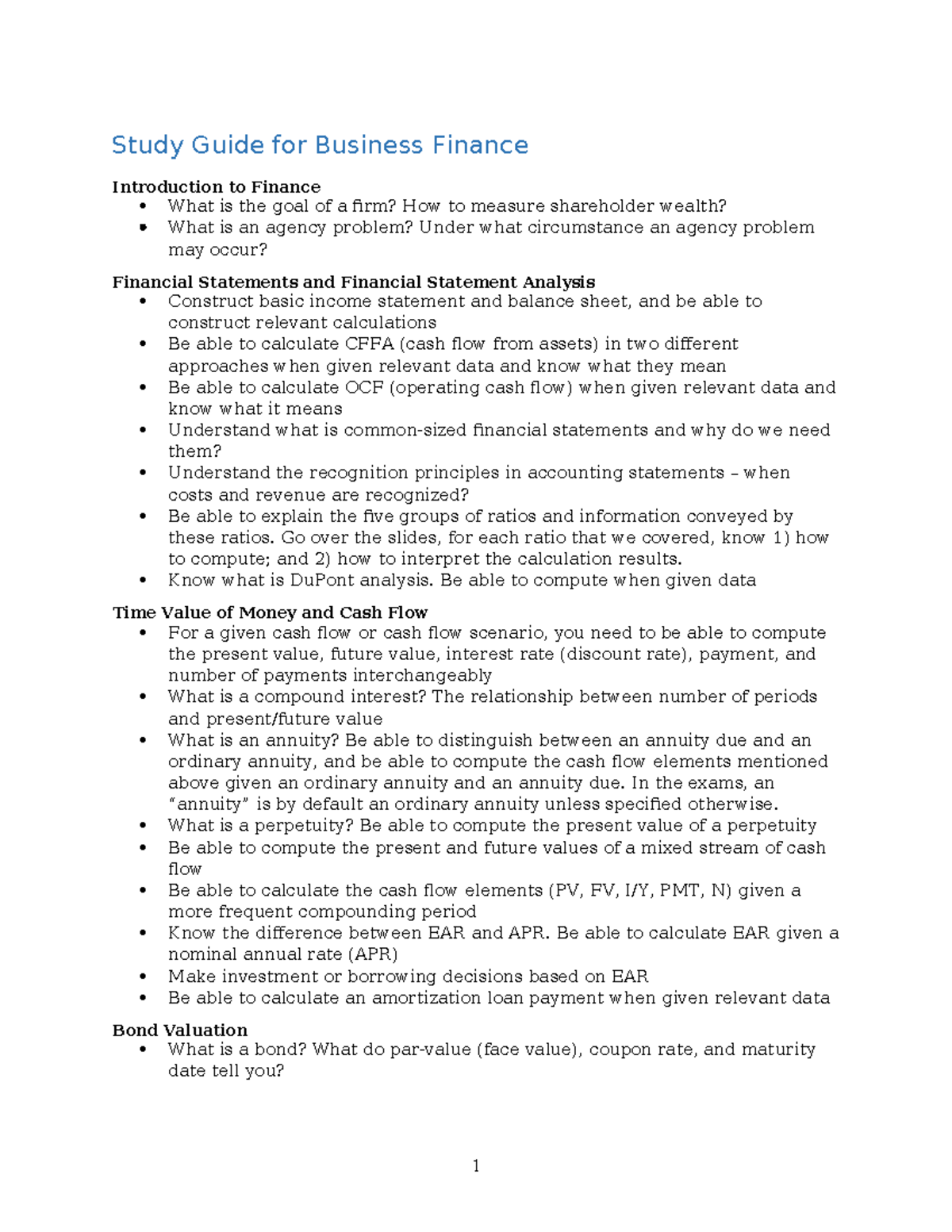 Business Finance Study Guide: Concepts, Calculations & Analysis ...