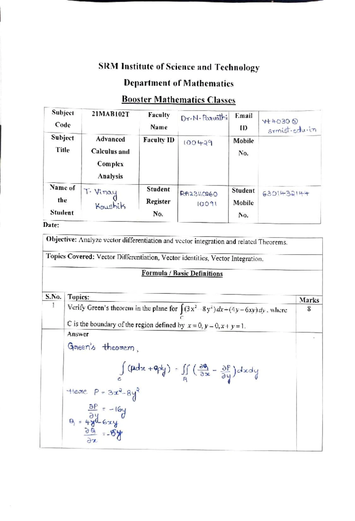 Booster Mathematics Class Unit-3: Advanced Calculus 21MAB102T - Studocu