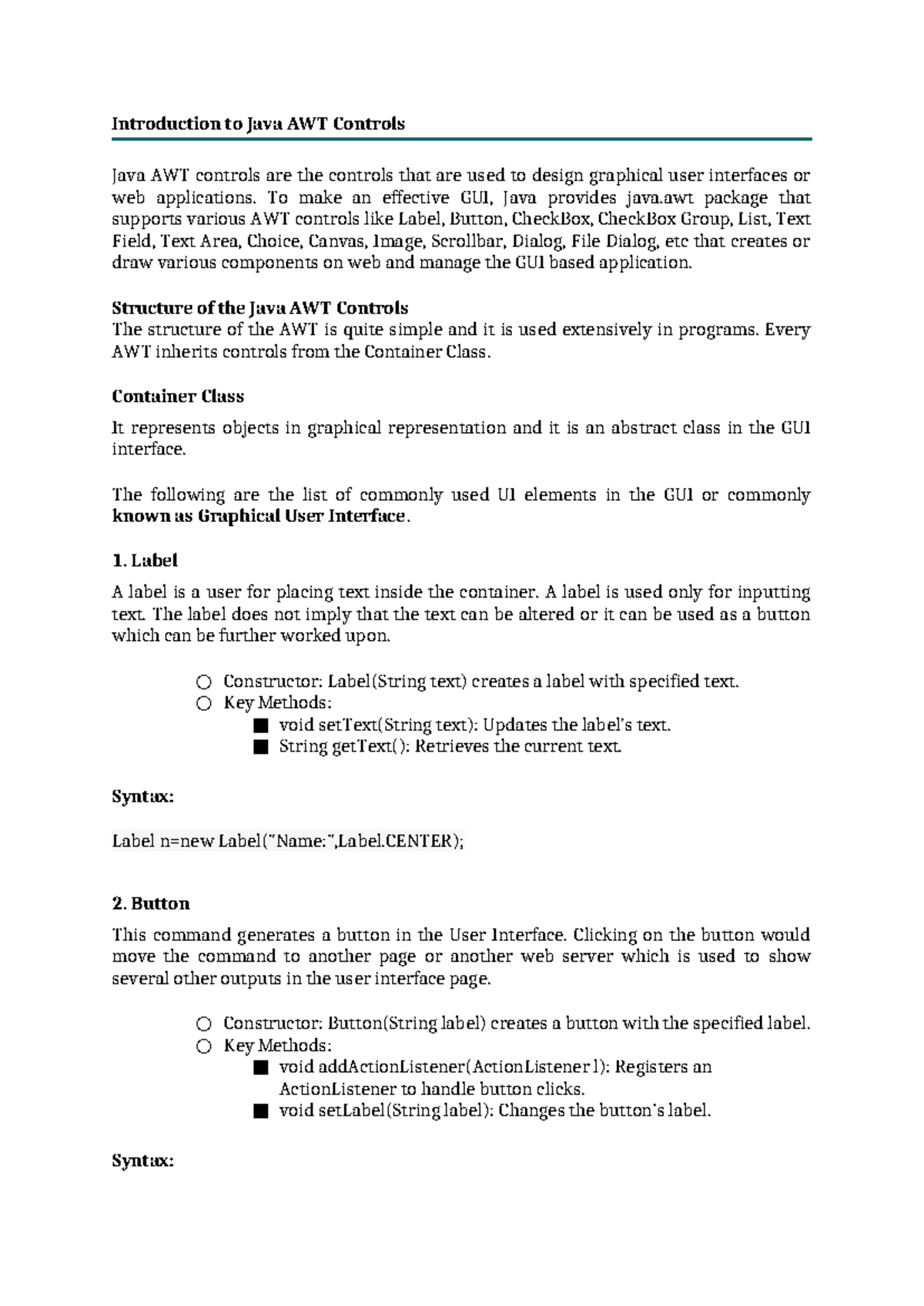AWT Controls - To make an effective GUI, Java provides java package ...