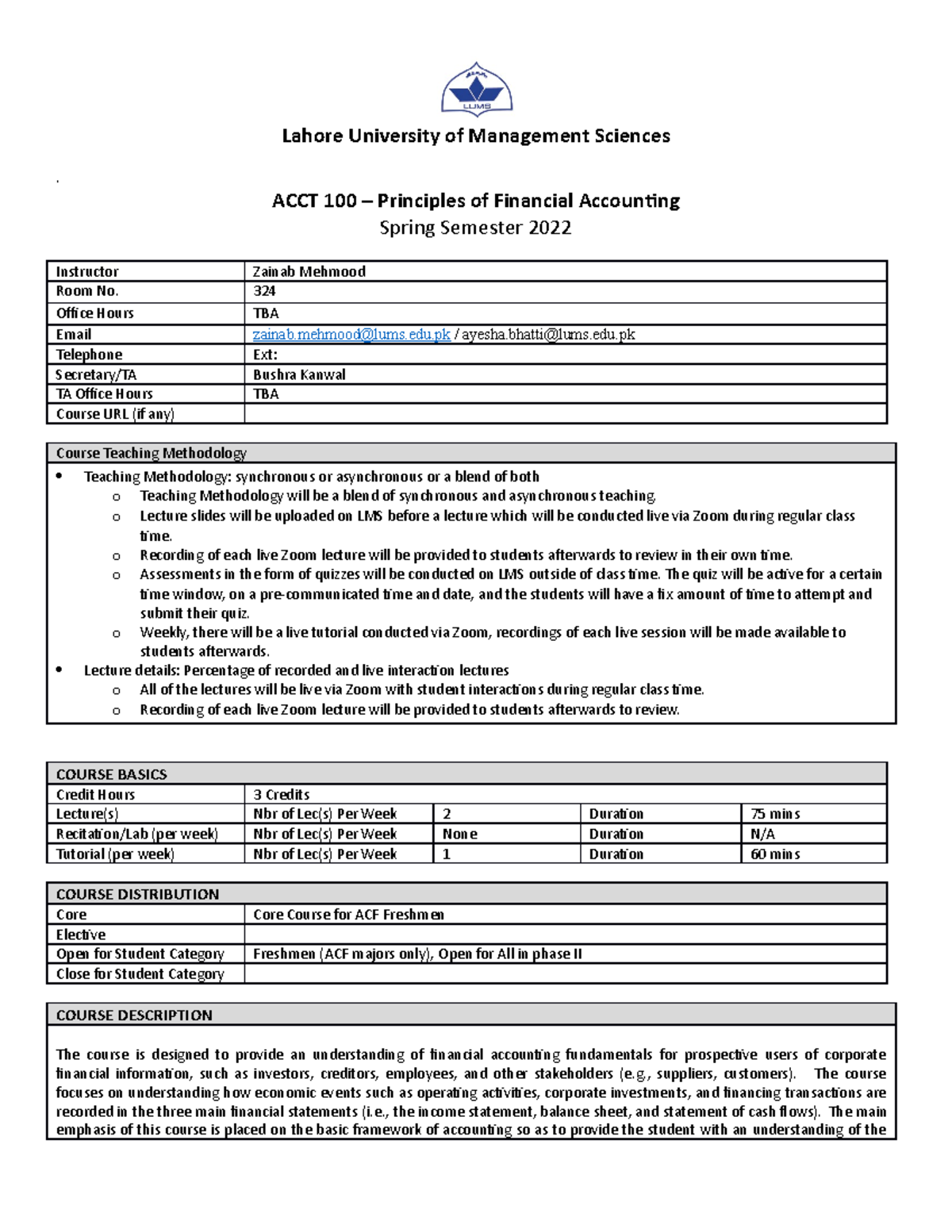 ACCT 100 - Principles of Financial Accounting Course Outline Spring ...