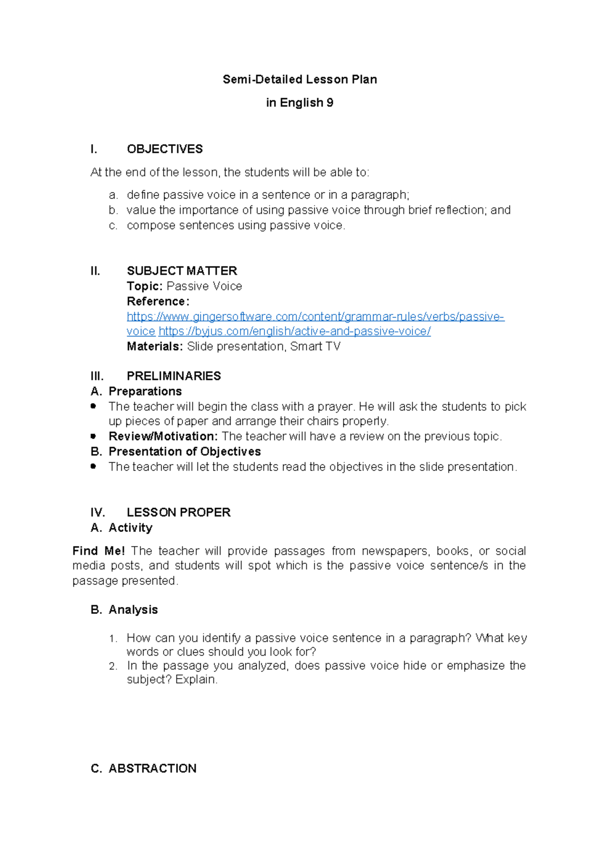 Semi-Detailed Lesson Plan - OBJECTIVES At the end of the lesson, the ...