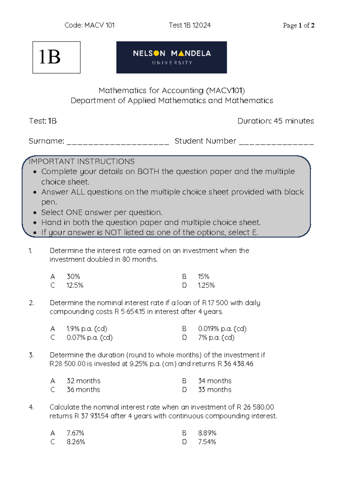 MACV 101 Test 1B - Mathematics for Accounting Semester Test - Studocu