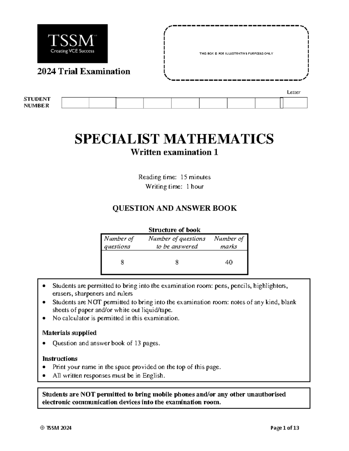 2024 TSSM Specialist Mathematics Exam 1 - Trial Examination Guide - Studocu