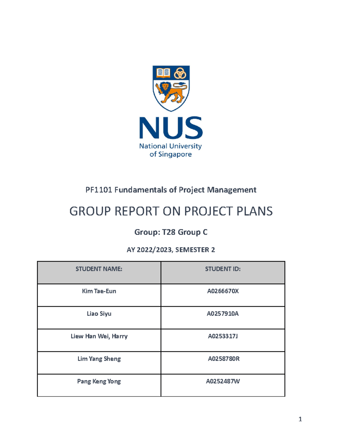 PF1101 Final Group Report on Project Plans for AY 2022/2023 - Studocu