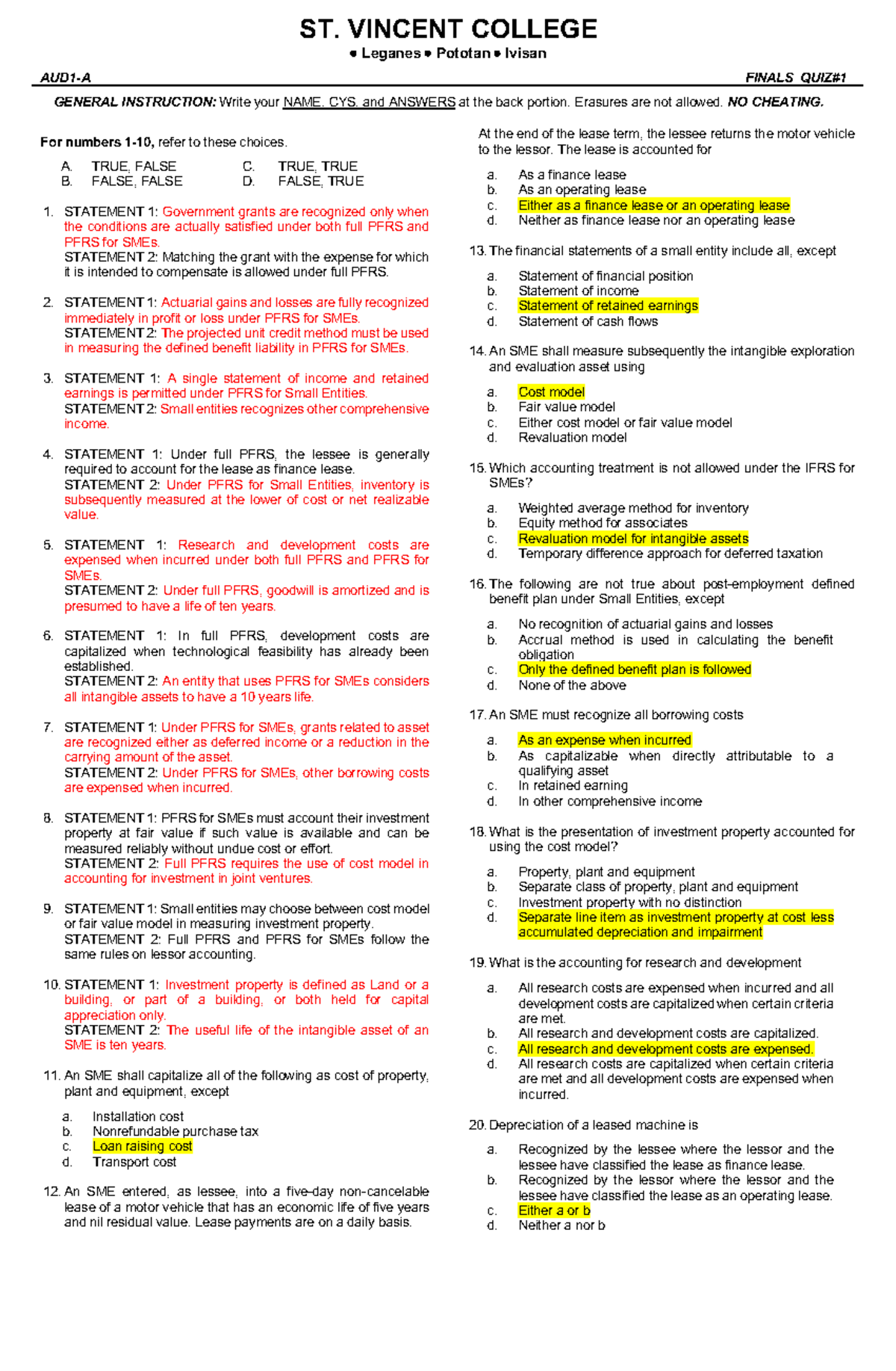 AUD1-Finals General Instructions and Answer Key for Quizzes - Studocu