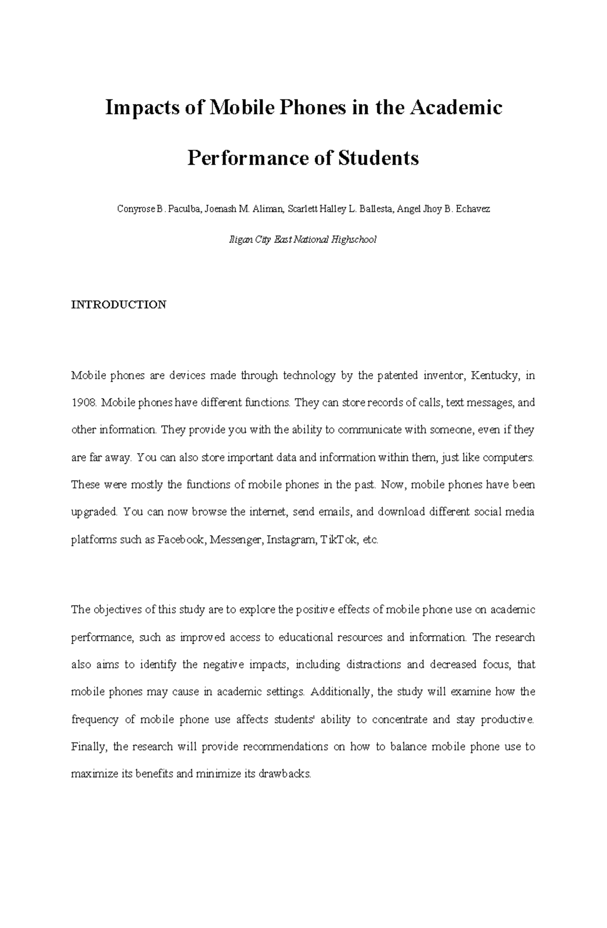 Impacts of Mobile Phones on Academic Performance: A Study for Grade 10 ...