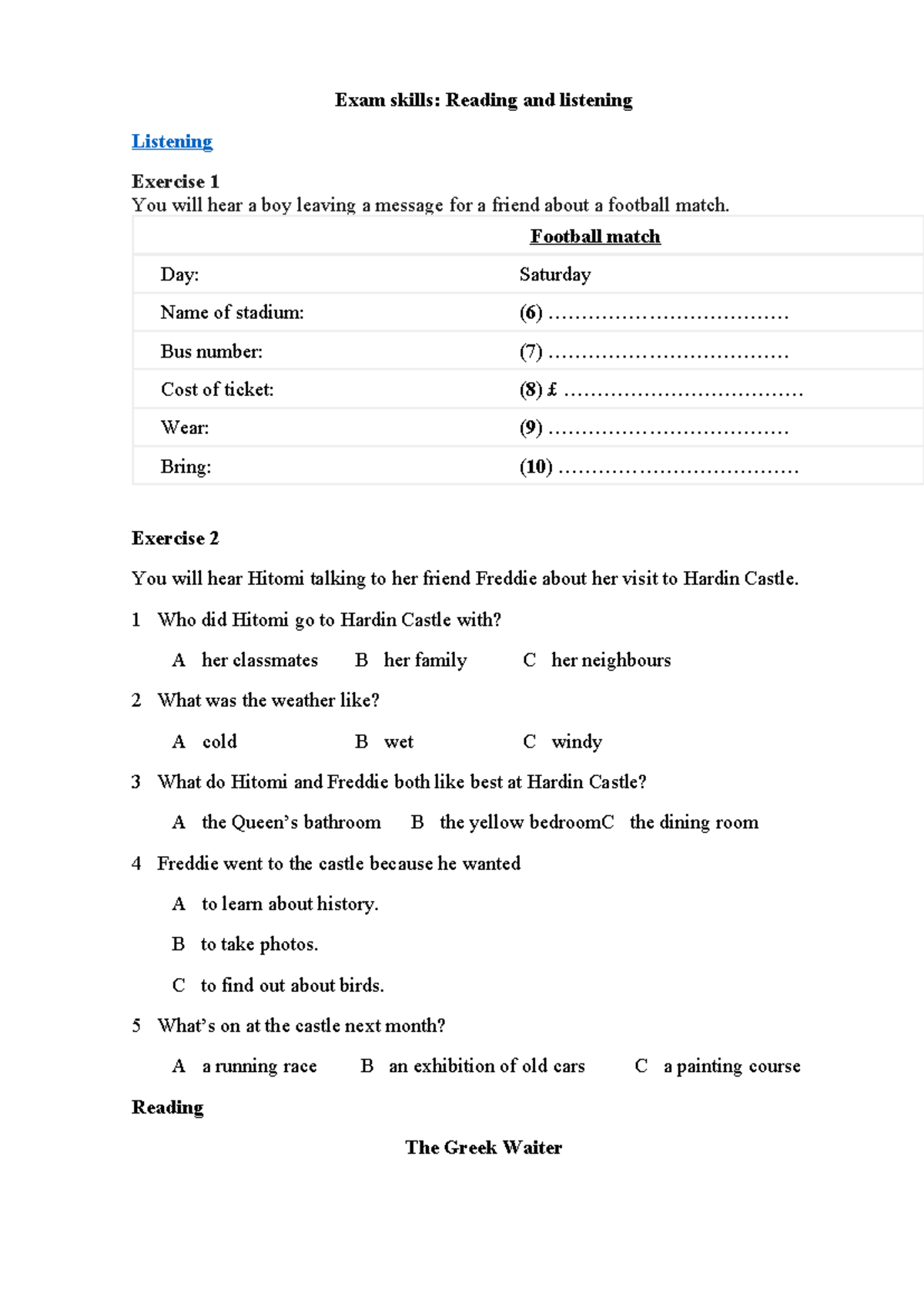 Exam Skills: Reading & Listening Exercises for Practice - Studocu