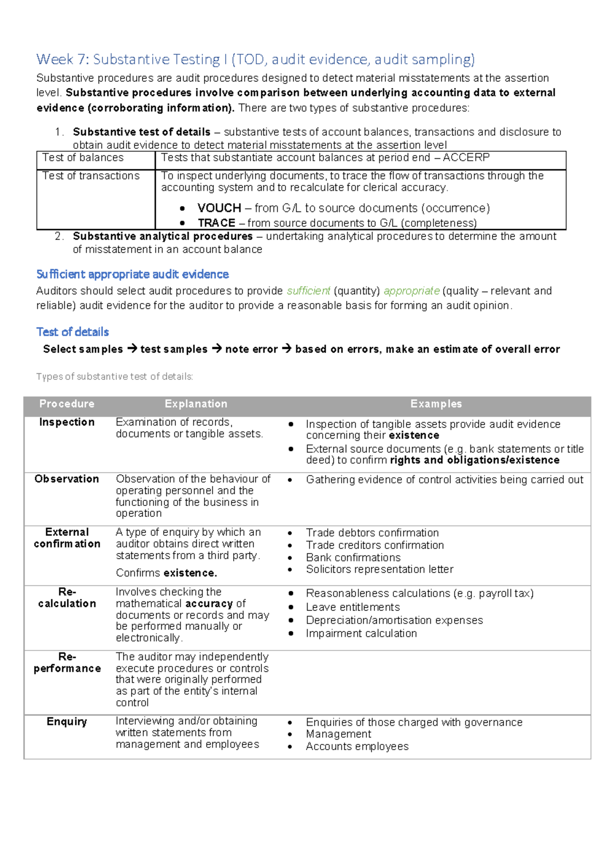 Substantive testing Cheat Sheet - Week 7: Substantive Testing I (TOD ...