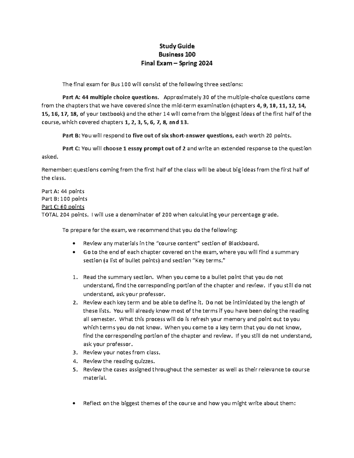 Bus 100 Final Exam Study Guide for Spring 2024 - Studocu