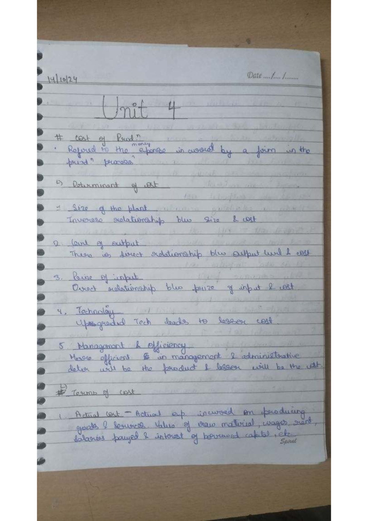 Eco 101 Unit 4: Cost of Production Notes - Studocu