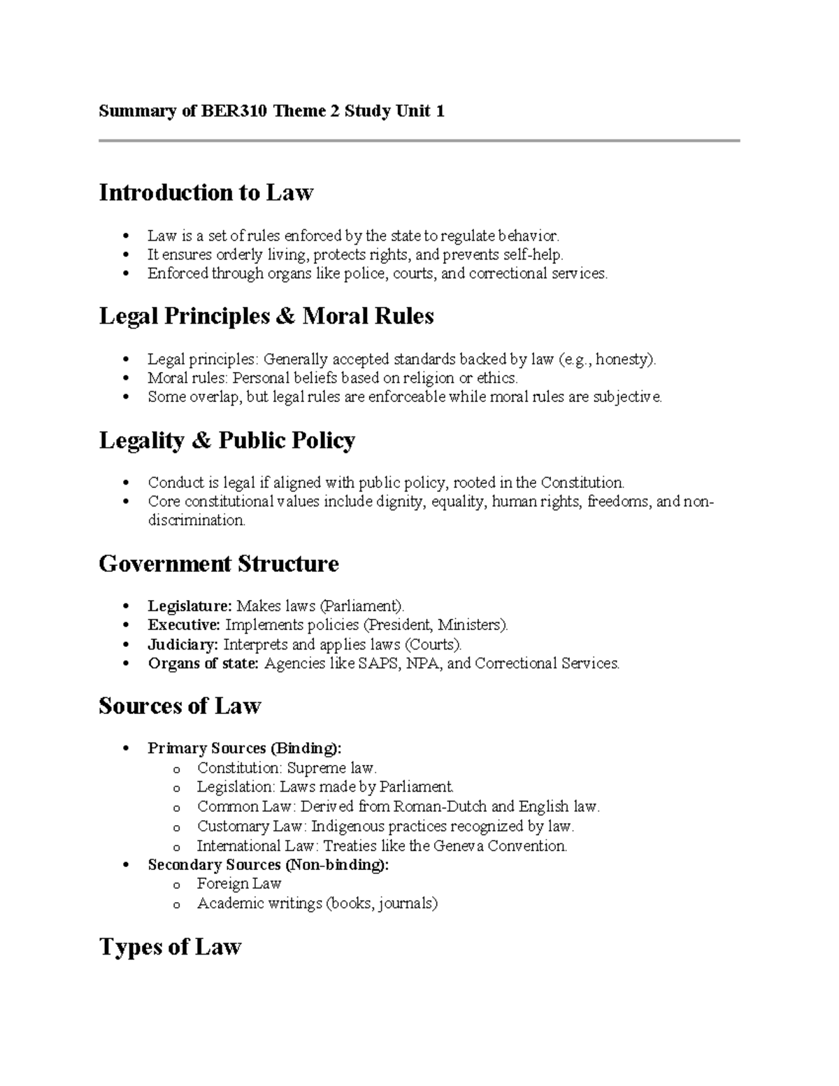 BER310 Semester Test 1 Notes: Introduction to Law and Contract ...