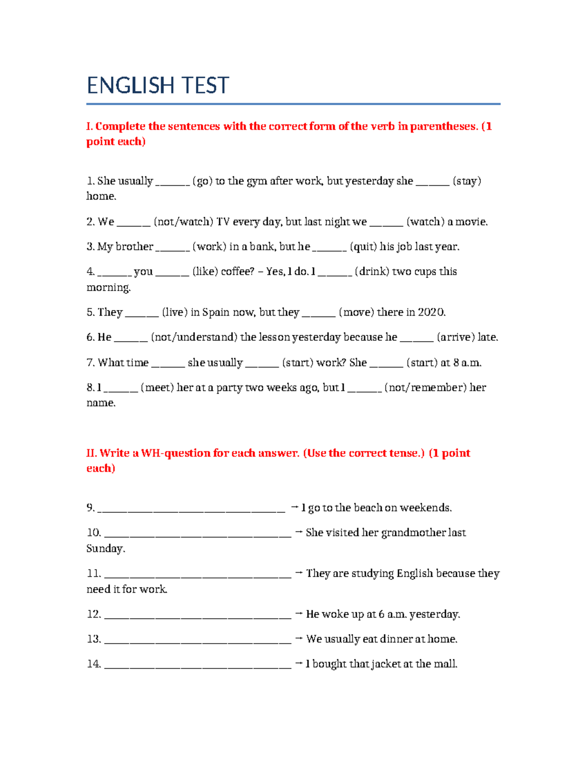 ENGLISH WH TEST I: Verb Forms and Sentence Completion - Studocu