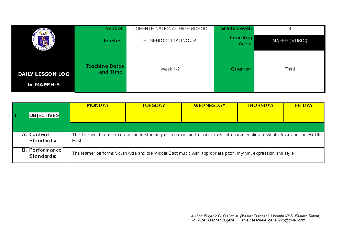 Q3-DLL MAPEH Music Grade 8 Week 1 Lesson Log and Activities - Studocu