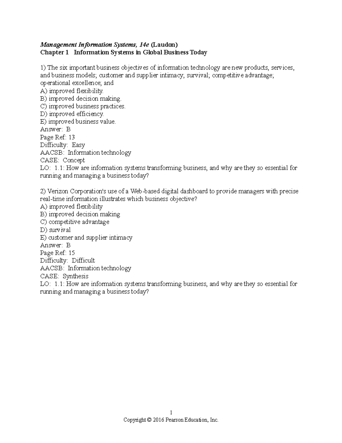 Chapter 1 - Test Bank for Management Information Systems (14e) - Document Preview