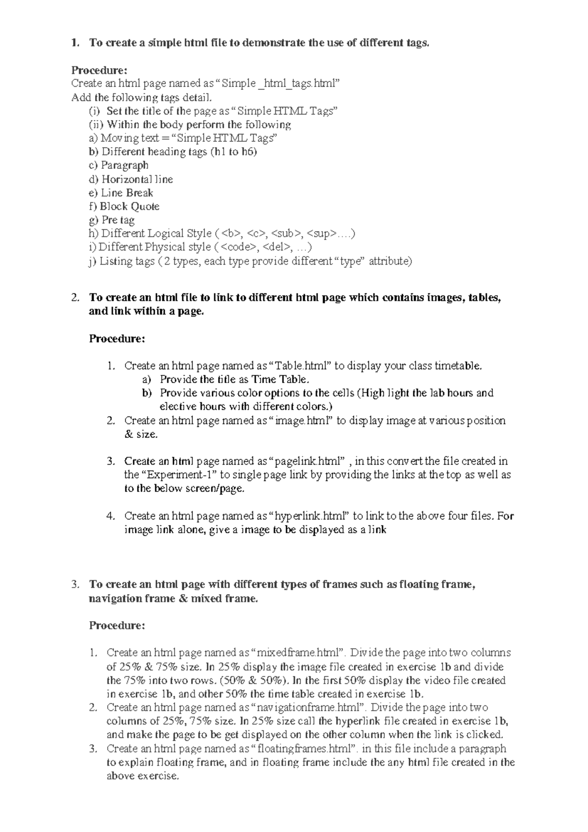 2 Lab Experiments - Lab Work - To create a simple html file to ...