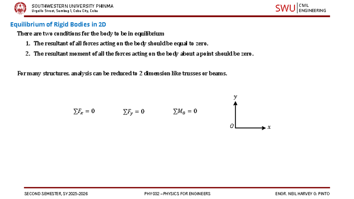 SWU PHY 032 Final Exam: Equilibrium of Rigid Bodies in 2D - Studocu