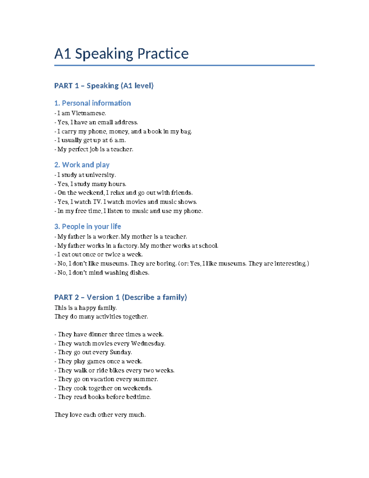 A1 Speaking Practice: Personal Info & Family Activities - Studocu