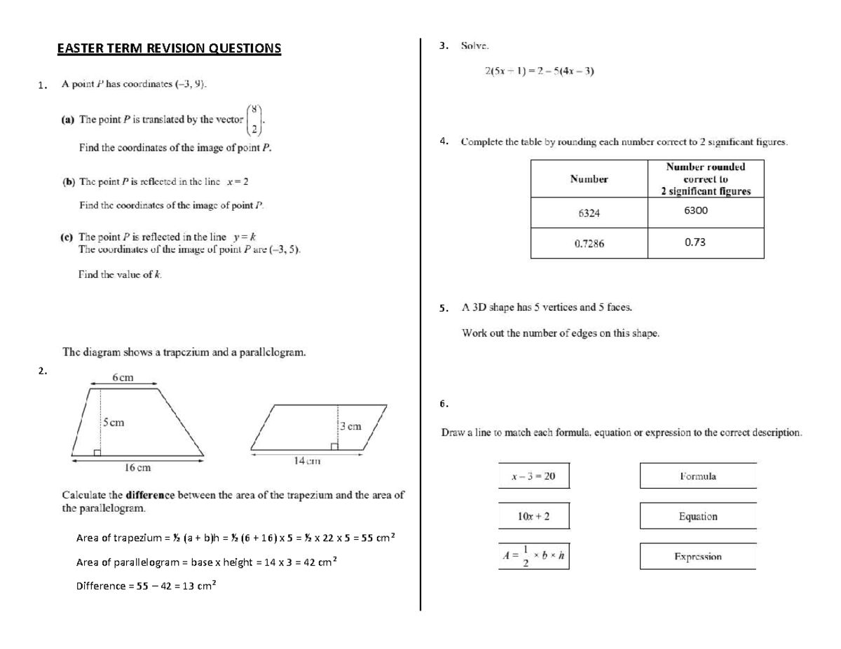 EASTER TERM REVISION QUESTIONS & MATH PROBLEMS - Studocu