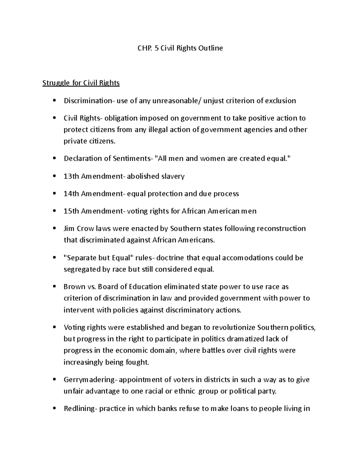 Gov 101: Chapter 5 Outline - The Struggle for Civil Rights - Studocu