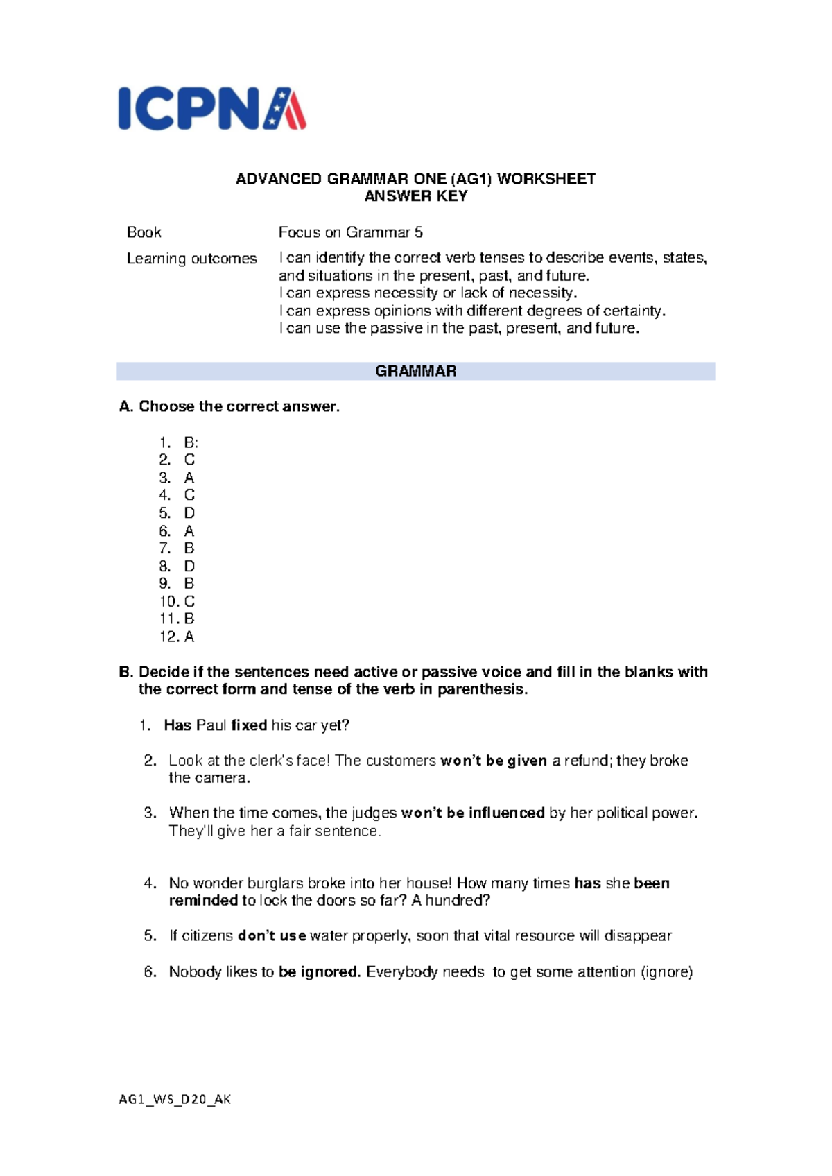 AG1 WS Answer Key.pdf - AG1_WS_D20_AK ADVANCED GRAMMAR ONE (AG1 ...