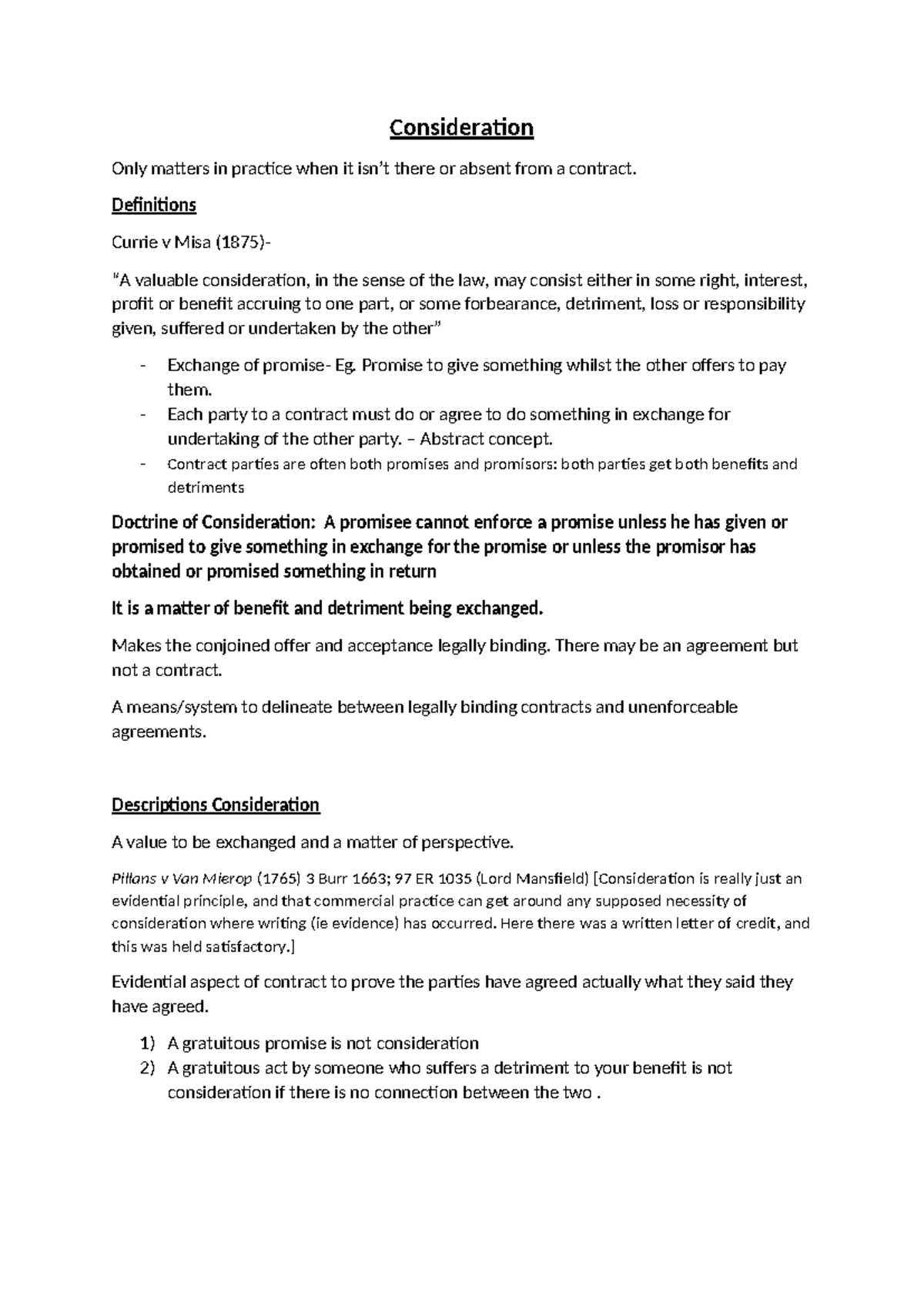 Consideration in Contract Law: Key Cases and Principles (LAW 101) - Studocu