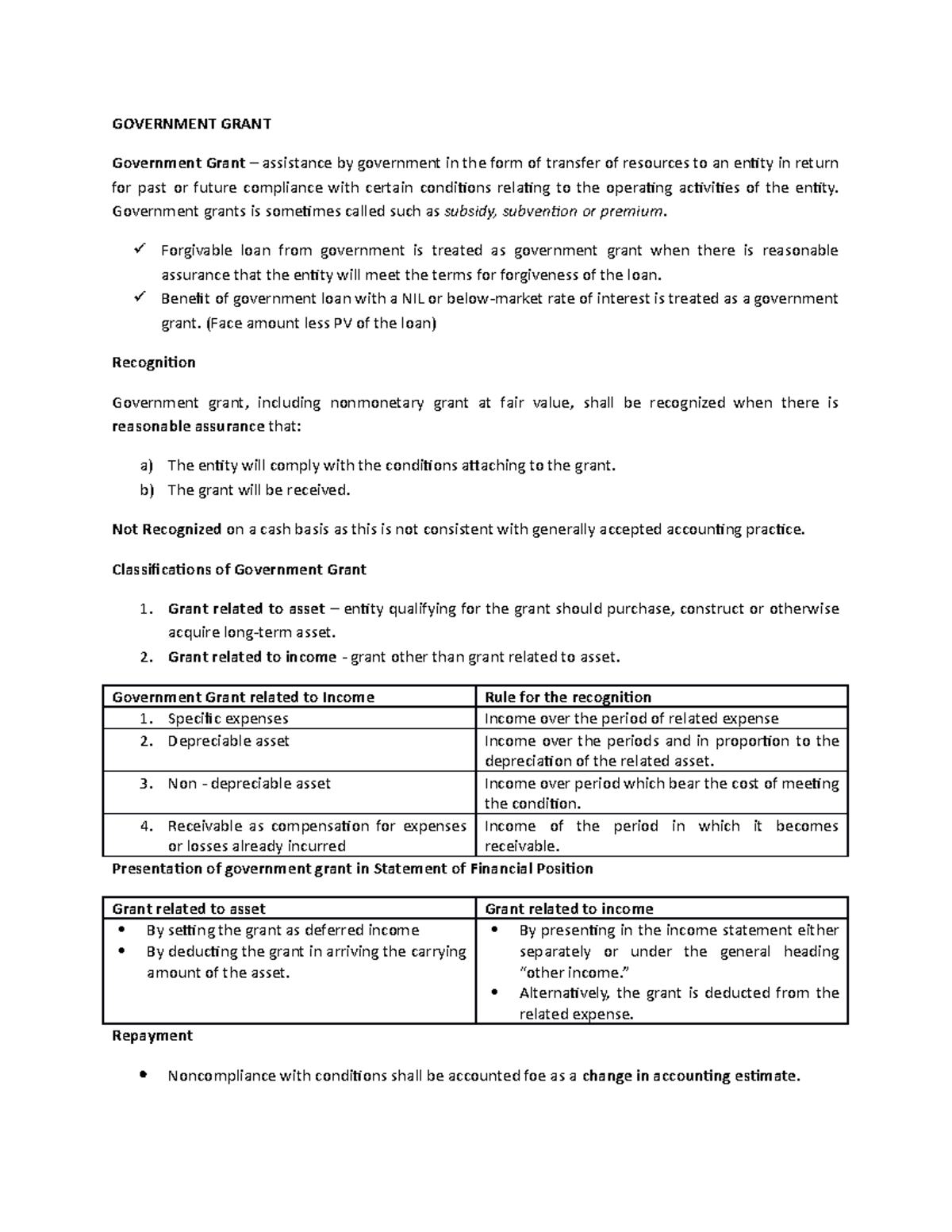 Government Grant - Detailed Notes on Recognition & Classification - Studocu