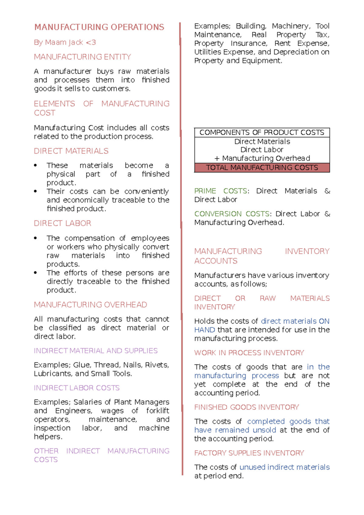 Topic 10: Manufacturing Operations Overview and Cost Accounting - Studocu