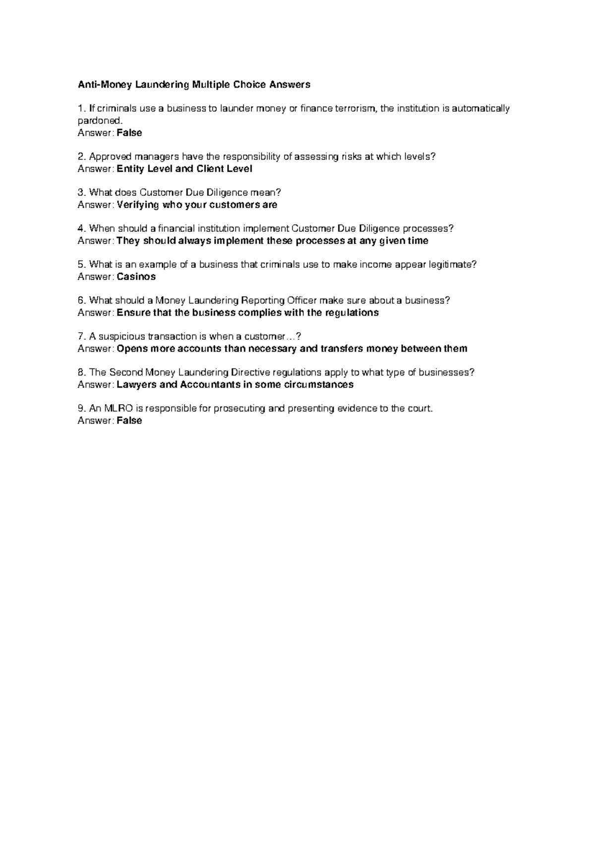AML 101: Money Laundering MCQ Answers and Explanations - Studocu