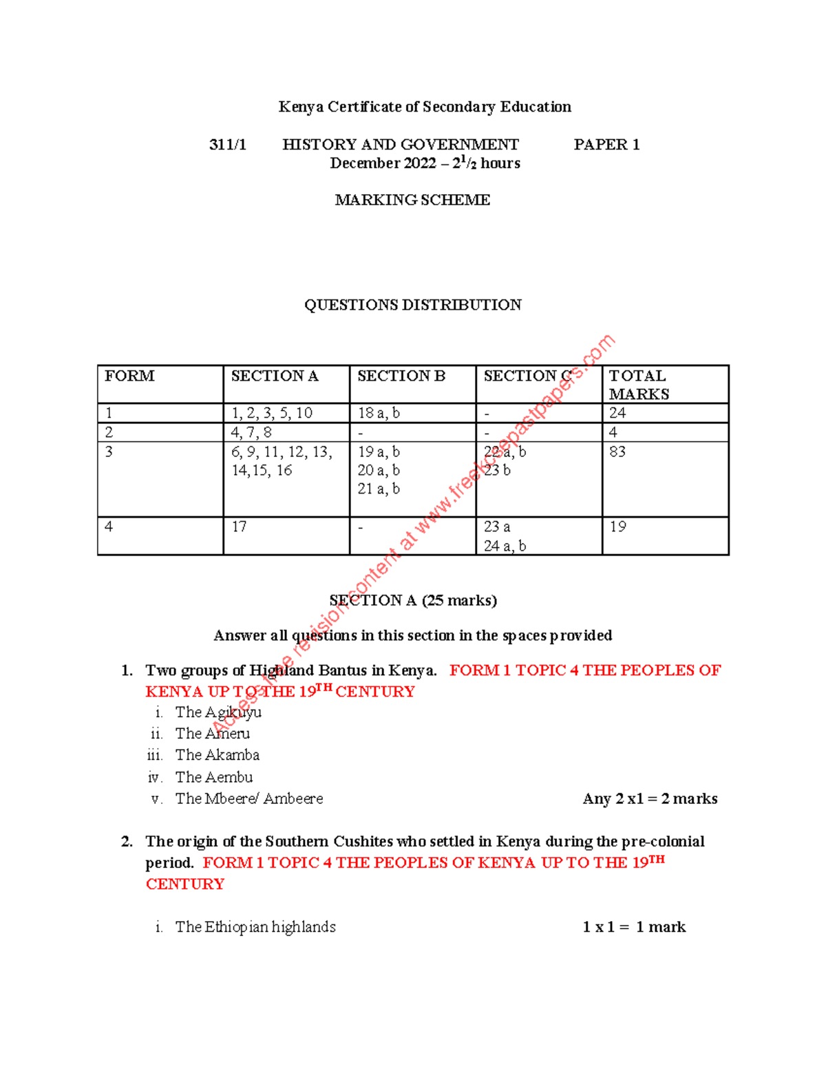 KCSE 2022 History Paper 1 Marking Scheme Analysis - Studocu
