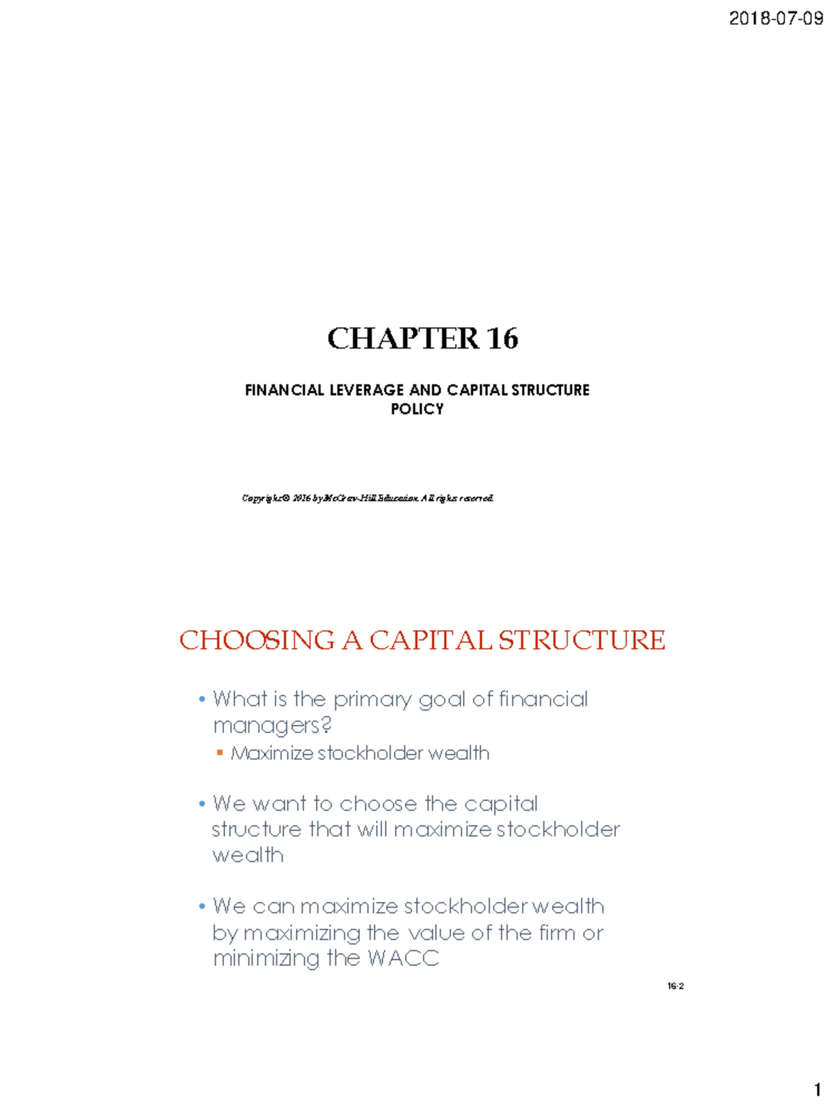 Ch 16 Lecture Notes: Financial Leverage & Capital Structure Policy ...