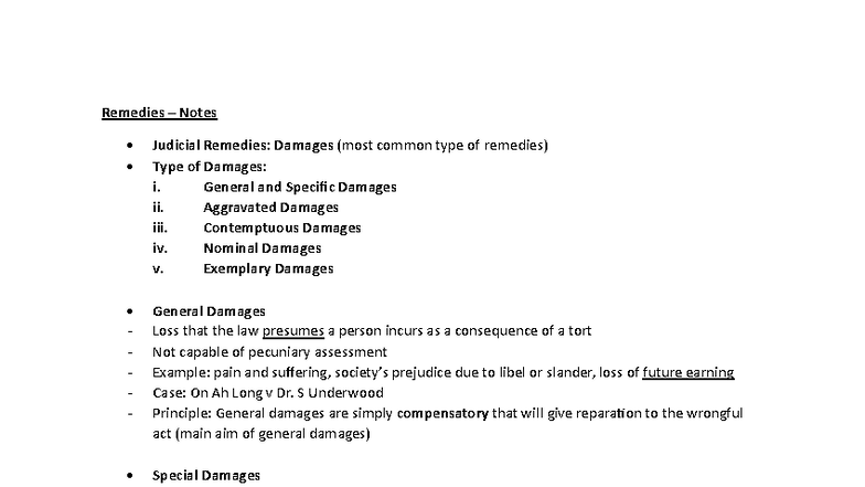 Remedies Notes: Judicial Remedies & Types of Damages - Studocu