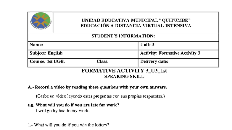 Formative Activity 3 U3 1st: Speaking Skill Video Instructions - Studocu