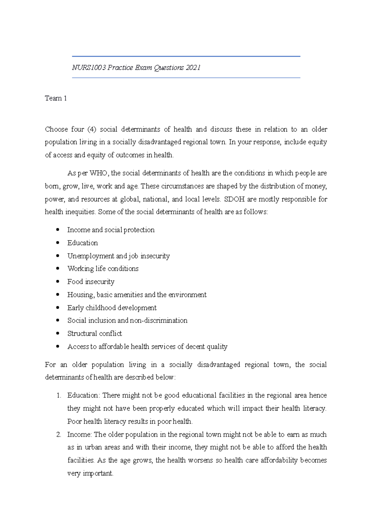 NURS1003 Practice Exam Questions on Social Determinants of Health 2021 ...