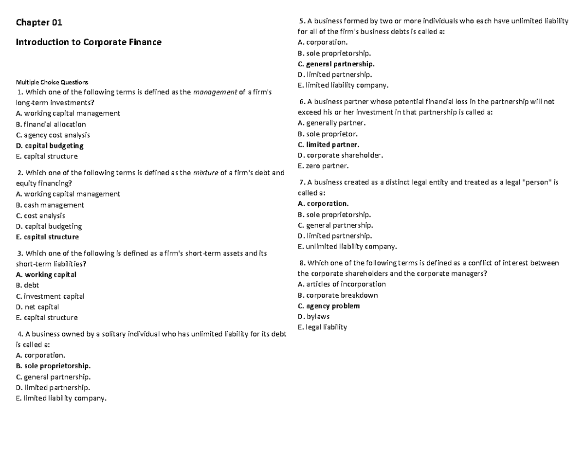 Chapter 01: Intro to Corp Finance - MCQs and Answers (FIN 101) - Studocu