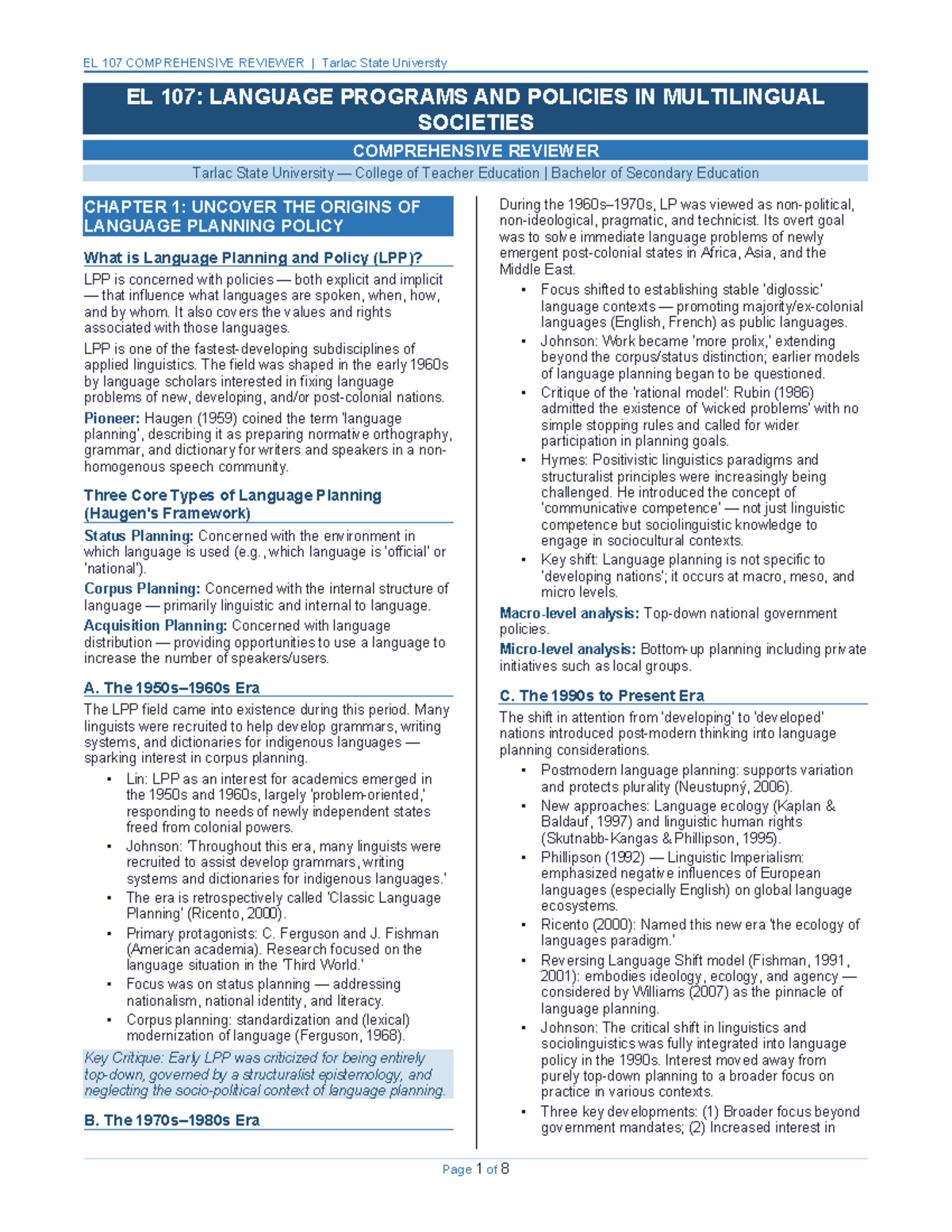 EL 107 Comprehensive Reviewer: Language Programs & Policies in ...