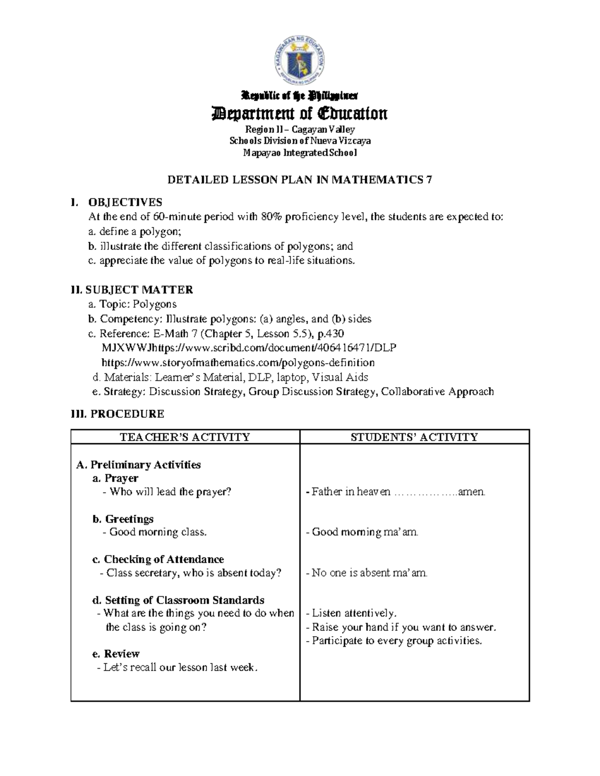 Math 7 Detailed Lesson Plan: Understanding Polygons and Their ...
