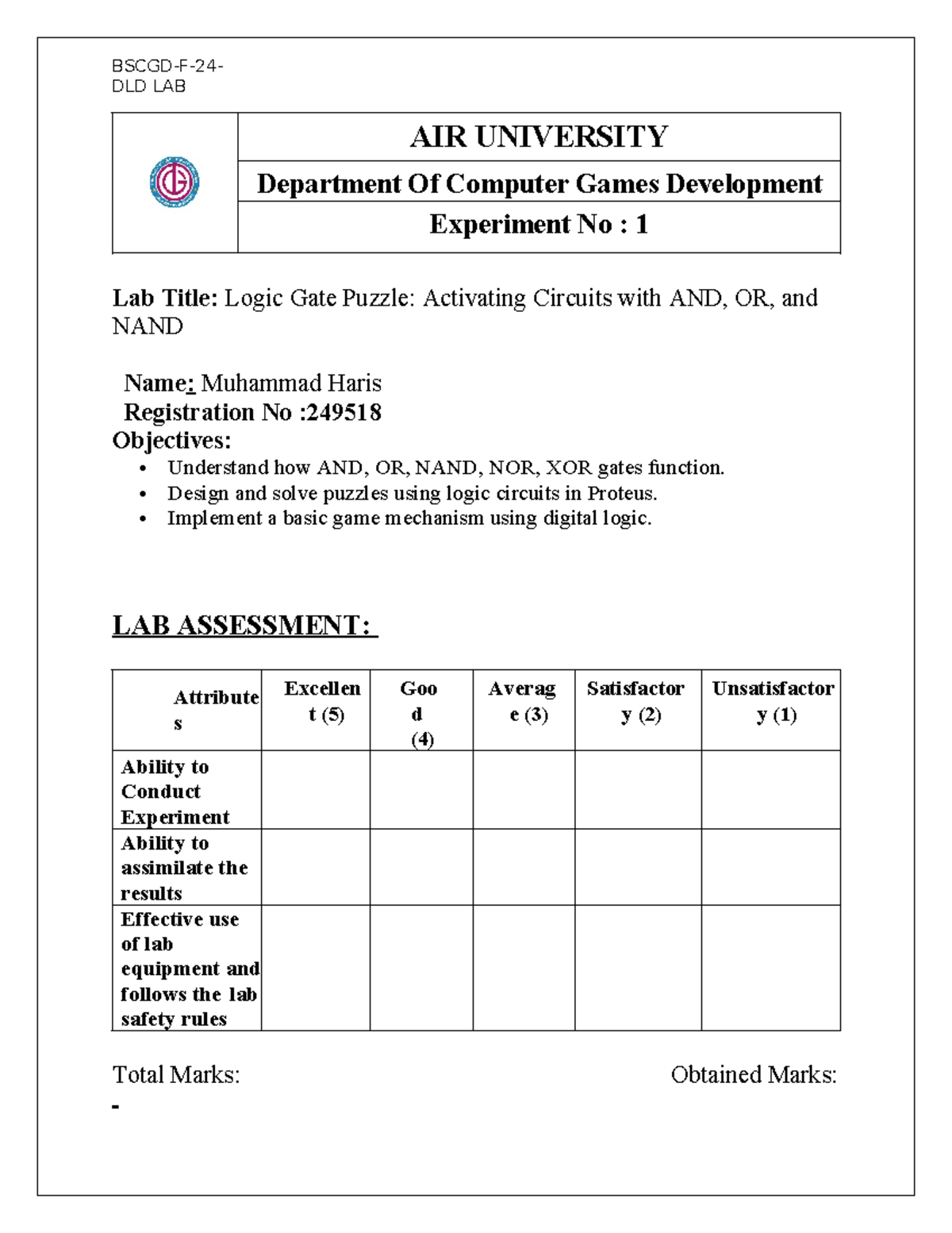 BSCGD F24 Lab Report: Logic Gate Puzzle with AND, OR, NAND Gates - Studocu